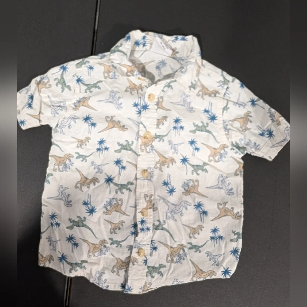 Wrangler Toddler Boy Dinosaur Print Button Down Shirt and Blue Shorts Set 3T